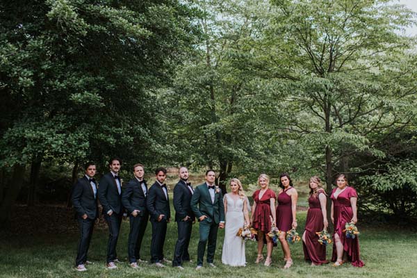 Virginia wedding party - green groom tux, burgundy mismatched bridesmaid dresses, chuck taylors