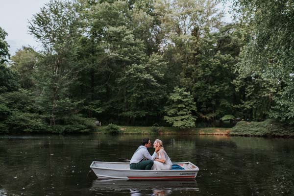 McLean Virginia at-home wedding - private pond - bride and groom in boat