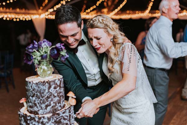 cake cutting - rustic tree bark wedding cake with mushrooms - Backyard wedding reception McLean Virginia