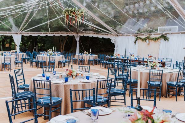 Backyard wedding reception McLean Virginia - clear top tent, blue chairs 