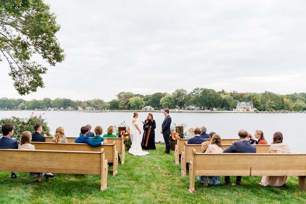 southern Maryland waterfront wedding pews