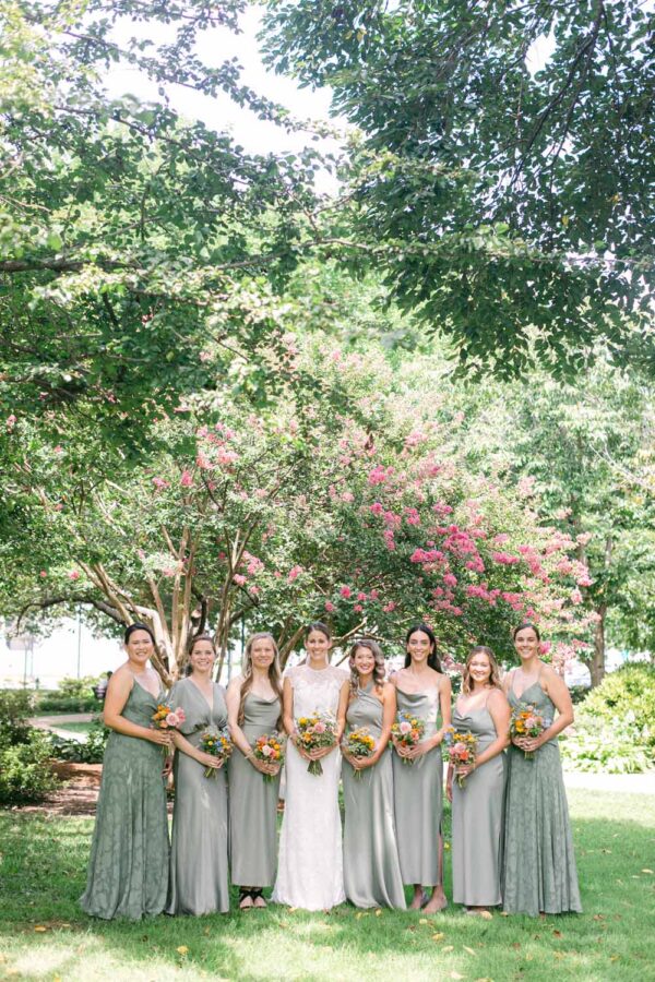 Washington DC summer wedding - military groom, green bridesmaid dresses mismatched