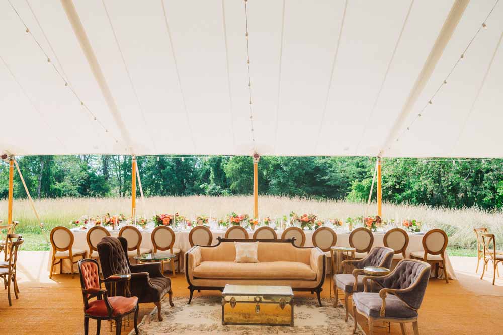Virginia private estate wedding - tented at home - French Provençal farmer's market theme - dance floor lounge