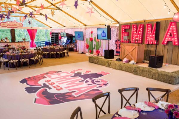 Virginia Bat Mitzvah Tent pink glitter cowgirl rodeo - custom dance floor