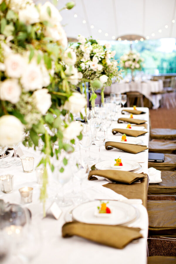 hiring a backyard wedding caterer: amuse bouche pre set at a tented wedding